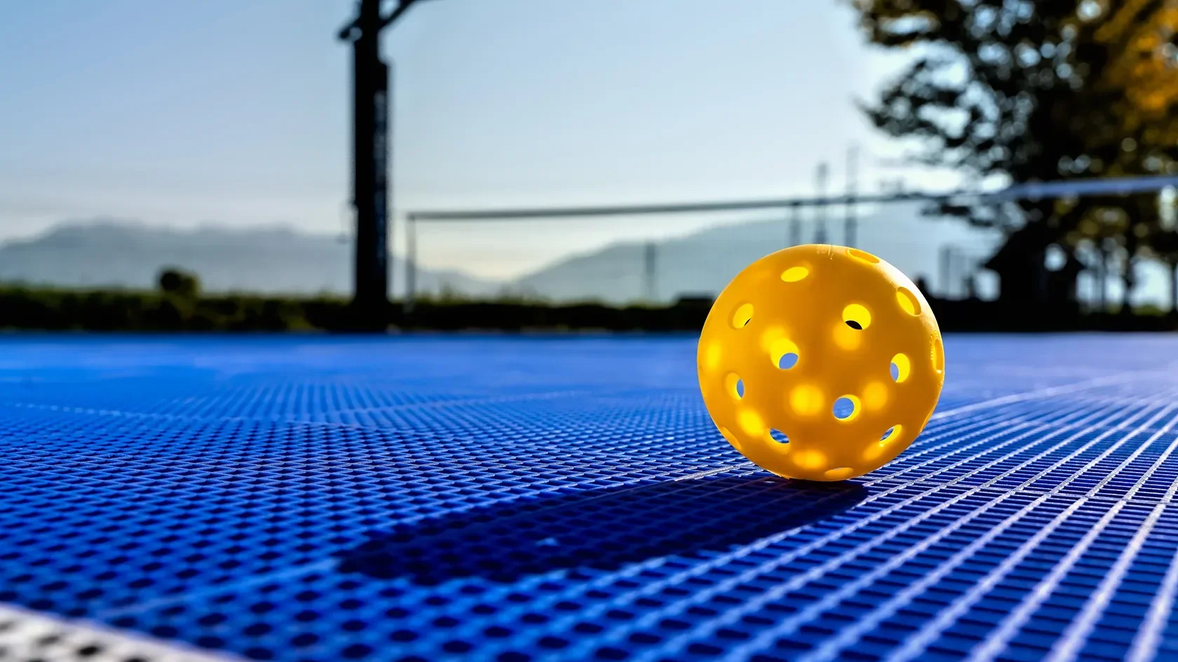 Close up of sport court tiles with a pickleball sitting on the surface