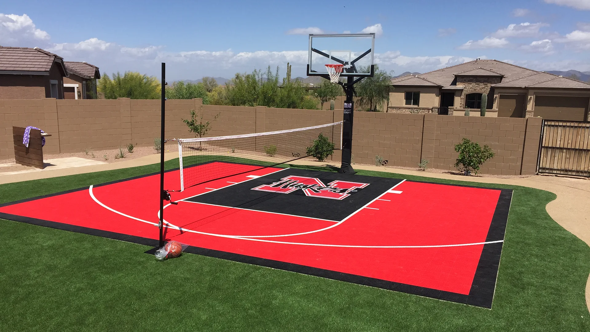 backyard volleyball and basketball court