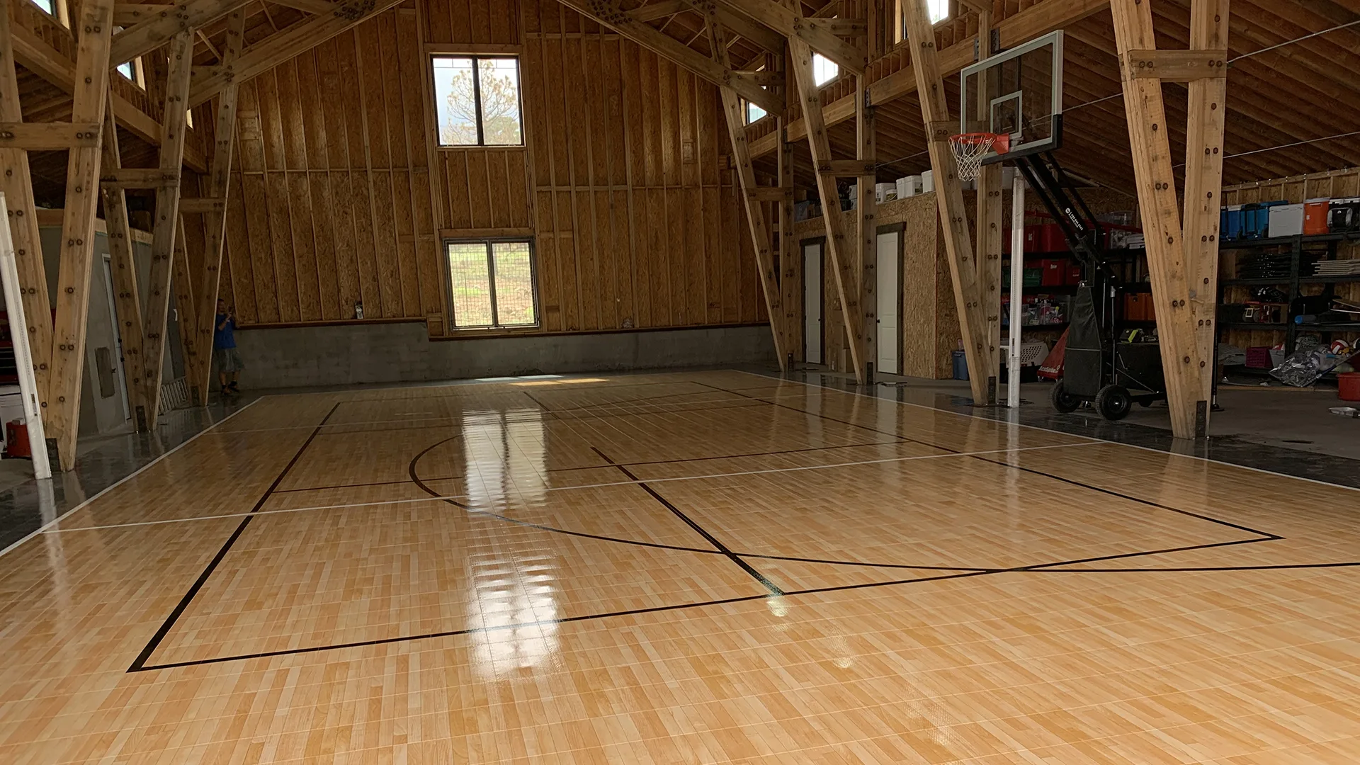 basketball court in a barn